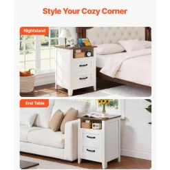 VEVOR Farmhouse Nightstand, with Charging Station, End Table with 2 Drawers and Open Shelf, Bedside Storage Cabinet, Rustic Side Table with USB Port and AC Outlets, for Bedroom, Living Room, White