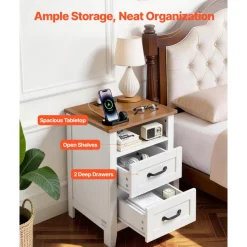 VEVOR Farmhouse Nightstand, with Charging Station, End Table with 2 Drawers and Open Shelf, Bedside Storage Cabinet, Rustic Side Table with USB Port and AC Outlets, for Bedroom, Living Room, White