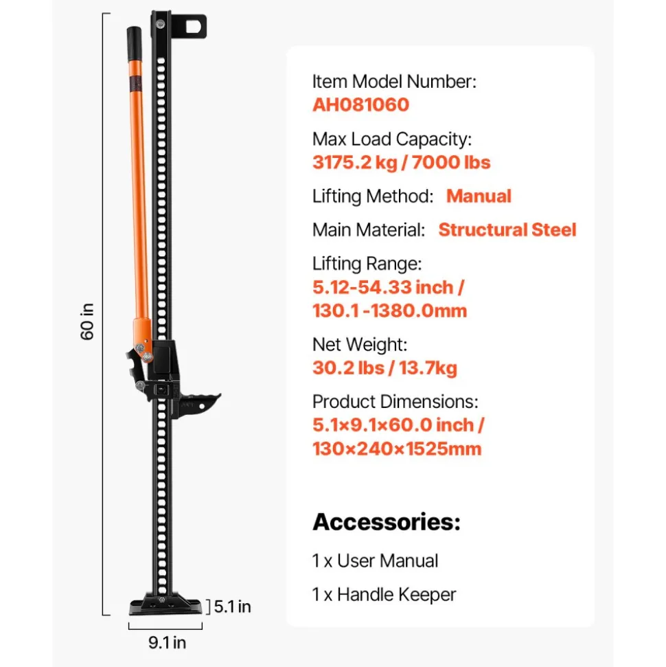 VEVOR Farm Jack, 60" Utility High Lift Farm Jack, 3.18 Ton (7,000 lbs) Capacity Ratcheting Off Road Utility Jacks, Heavy-Duty Lift Jacks with 5.12"-54.33" Lifting Range for Tractor, Truck, SUV