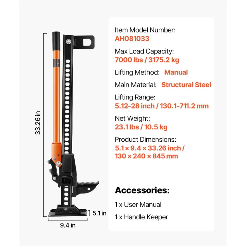 VEVOR Farm Jack, 33" Utility High Lift Farm Jack, 3.18 Ton (7,000 lbs) Capacity Ratcheting Off Road Utility Jacks, Heavy-Duty Lift Jacks with 5.12"-28" Lifting Range for Tractor, Truck, SUV