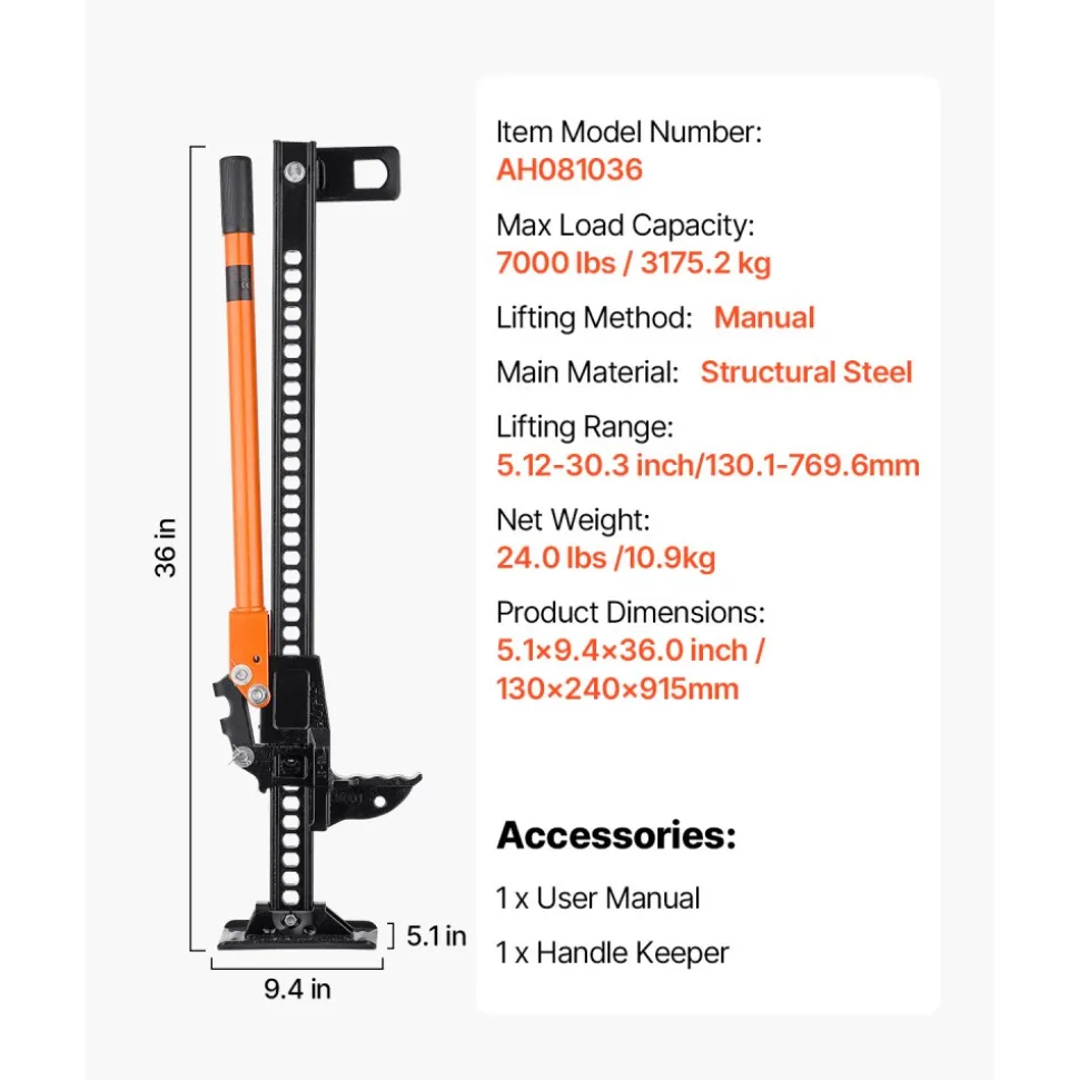 VEVOR Farm Jack, 36" Utility High Lift Farm Jack, 3.18 Ton (7,000 lbs) Capacity Ratcheting Off Road Utility Jacks, Heavy-Duty Lift Jacks with 5.12"-30.3" Lifting Range for Tractor, Truck, SUV