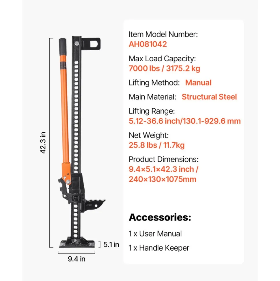 VEVOR Farm Jack, 42" Utility High Lift Farm Jack, 3.18 Ton (7,000 lbs) Capacity Ratcheting Off Road Utility Jacks, Heavy-Duty Lift Jacks with 5.12"-36.6" Lifting Range for Tractor, Truck, SUV