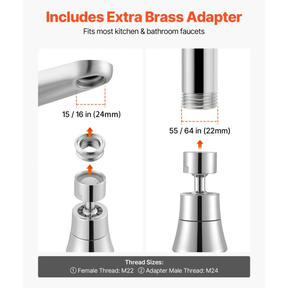 VEVOR Faucet Aerator, 360° Swivel Kitchen Sink Aerator, 5-Function 5-Flow Sink Sprayer Attachment, Bathroom Faucet Extender Head Replacement for 15/16 inch Female Thread with Adapter & 55/64 inch Male