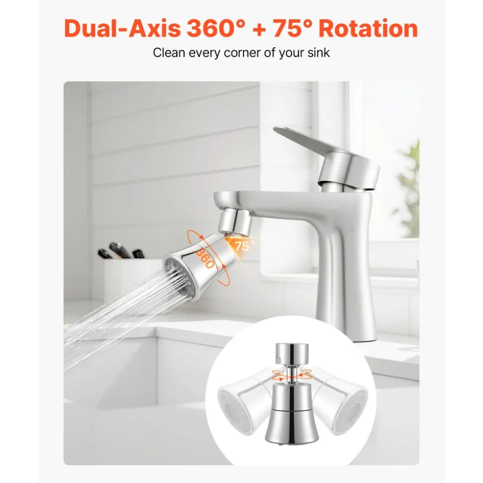 VEVOR Faucet Aerator, 360° Swivel Kitchen Sink Aerator, 5-Function 5-Flow Sink Sprayer Attachment, Bathroom Faucet Extender Head Replacement for 15/16 inch Female Thread with Adapter & 55/64 inch Male