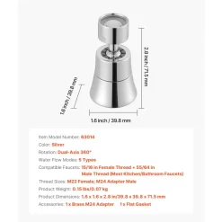 VEVOR Faucet Aerator, 360° Swivel Kitchen Sink Aerator, 5-Function 5-Flow Sink Sprayer Attachment, Bathroom Faucet Extender Head Replacement for 15/16 inch Female Thread with Adapter & 55/64 inch Male