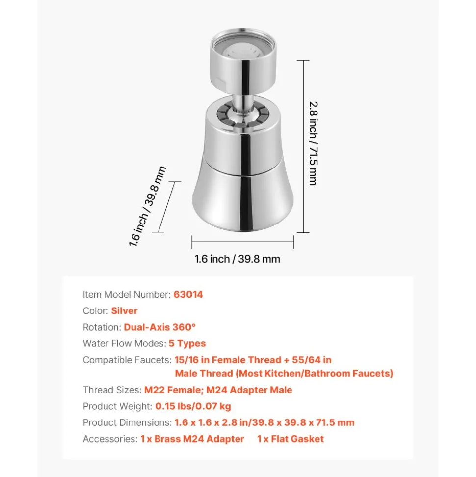 VEVOR Faucet Aerator, 360° Swivel Kitchen Sink Aerator, 5-Function 5-Flow Sink Sprayer Attachment, Bathroom Faucet Extender Head Replacement for 15/16 inch Female Thread with Adapter & 55/64 inch Male