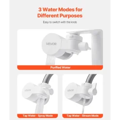 VEVOR Faucet Mount Water Filter, Horizontal Water Purifier for Sink Tap, Carbon Fiber Filter, Removes Chlorine Lead with 3 Filters, Fits Most Kitchen or Bathroom Faucets, White