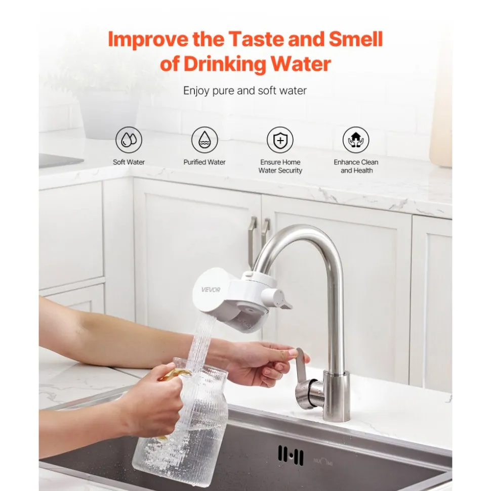 VEVOR Faucet Mount Water Filter, Vertical Water Purifier for Sink Tap, Carbon Fiber Filter, Removes Chlorine Lead with 3 Filters, Fits Most Kitchen or Bathroom Faucets, White