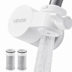 VEVOR Faucet Mount Water Filter, Vertical Water Purifier for Sink Tap, Carbon Fiber Filter, Removes Chlorine Lead with 3 Filters, Fits Most Kitchen or Bathroom Faucets, White