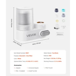 VEVOR Faucet Mount Water Filter, Vertical Water Purifier for Sink Tap, Carbon Fiber Filters, Removes Chlorine Lead with 1 Filter, Fits Most Kitchen or Bathroom Faucets, White