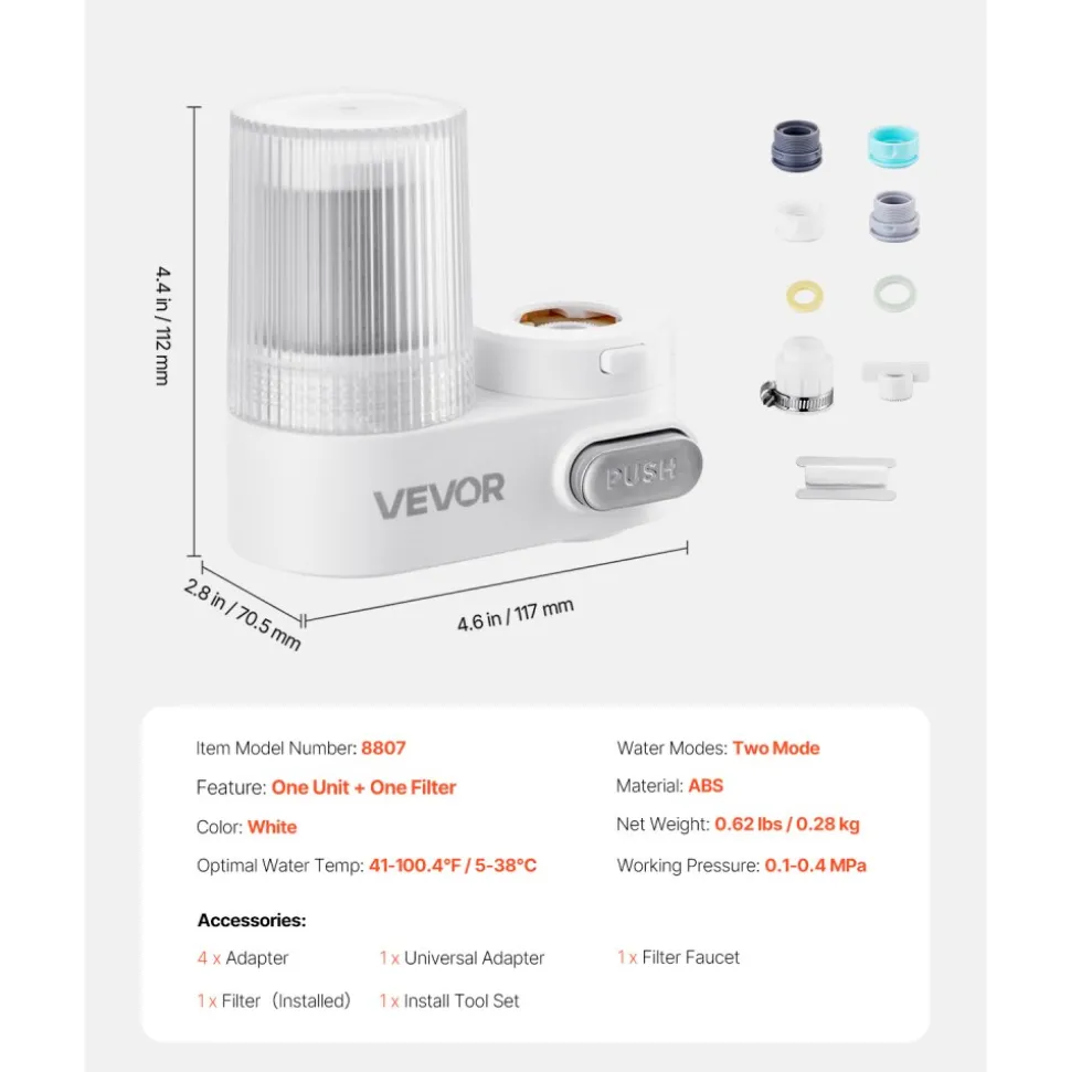 VEVOR Faucet Mount Water Filter, Vertical Water Purifier for Sink Tap, Carbon Fiber Filters, Removes Chlorine Lead with 1 Filter, Fits Most Kitchen or Bathroom Faucets, White