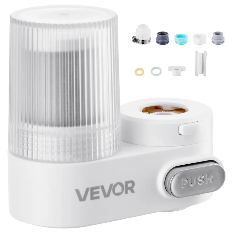 VEVOR Faucet Mount Water Filter, Vertical Water Purifier for Sink Tap, Carbon Fiber Filters, Removes Chlorine Lead with 1 Filter, Fits Most Kitchen or Bathroom Faucets, White