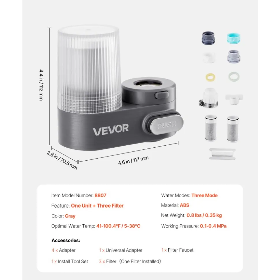 VEVOR Faucet Mount Water Filter, Vertical Water Purifier for Sink Tap, Carbon Fiber Filter, Removes Chlorine Lead with 3 Filters, Fits Most Kitchen or Bathroom Faucets, Gray