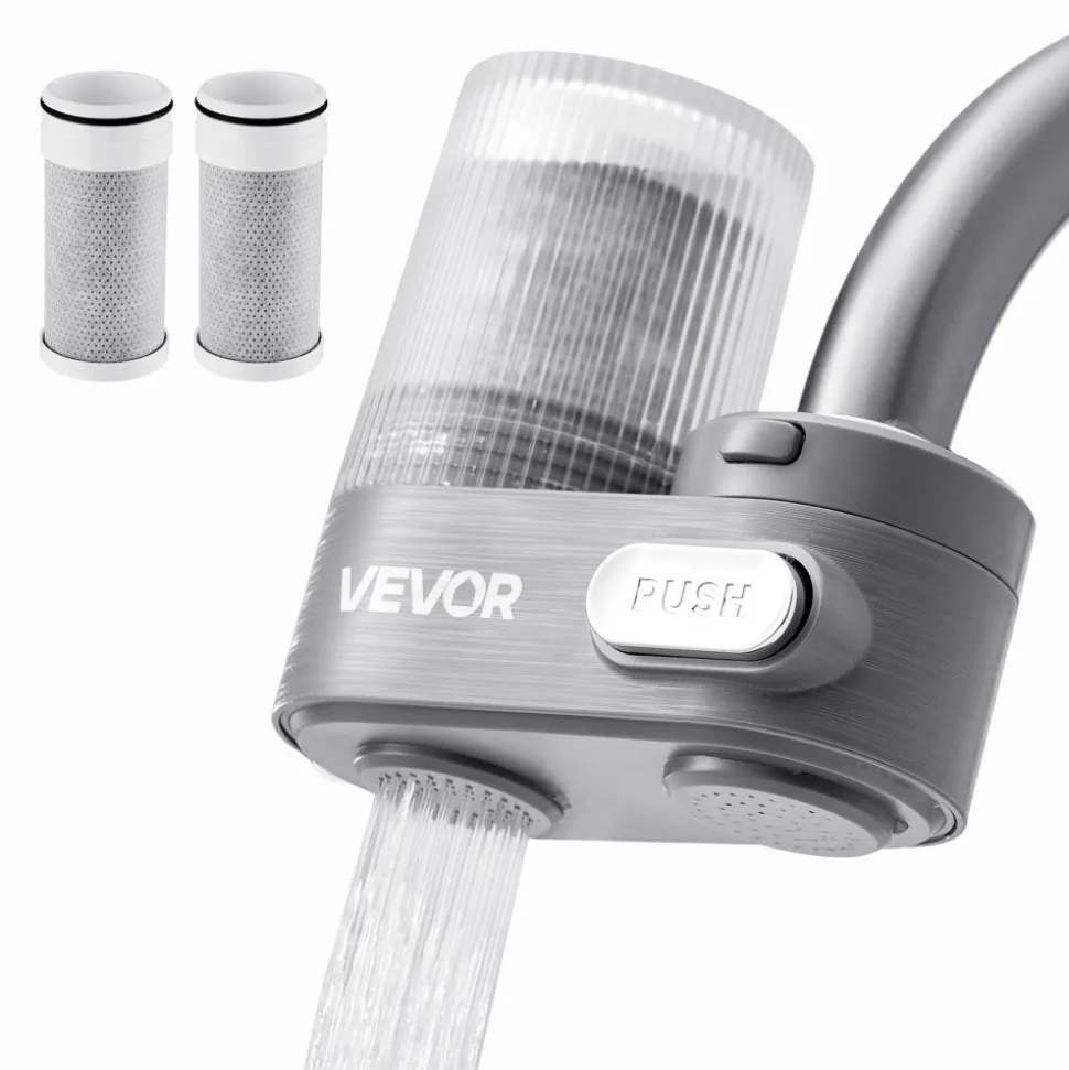 VEVOR Faucet Mount Water Filter, Vertical Water Purifier for Sink Tap, Carbon Fiber Filter, Removes Chlorine Lead with 3 Filters, Fits Most Kitchen or Bathroom Faucets, Gray