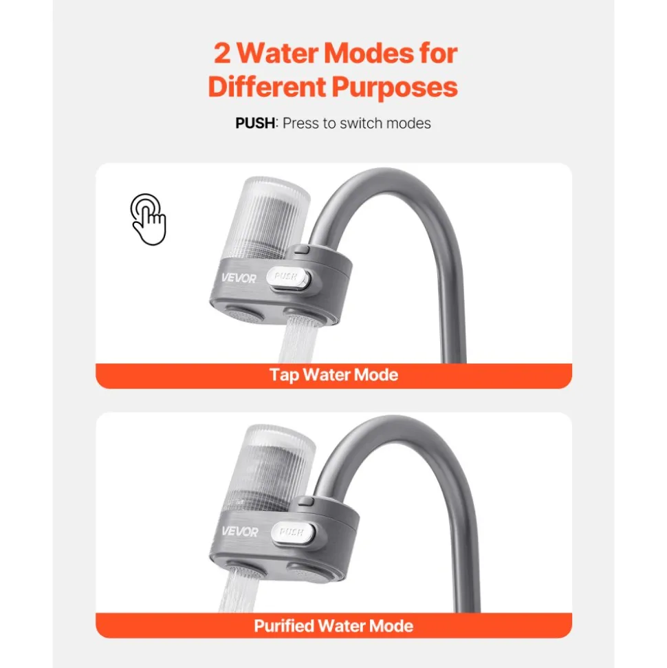 VEVOR Faucet Mount Water Filter, Vertical Water Purifier for Sink Tap, Carbon Fiber Filter, Removes Chlorine Lead with 3 Filters, Fits Most Kitchen or Bathroom Faucets, Gray