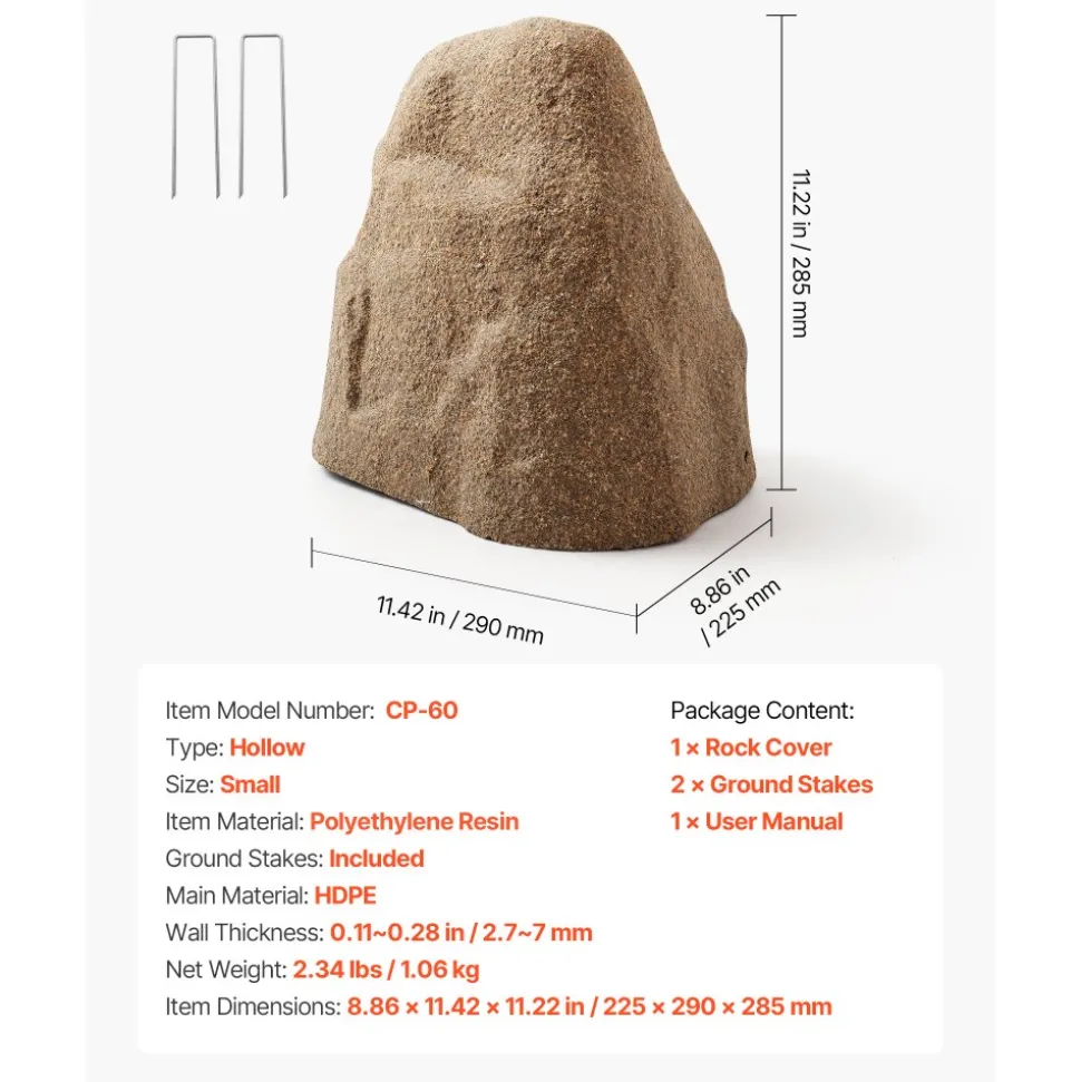VEVOR Faux Rock Cover, Outdoor Fake Rock Well Pump Cover, Realistic Natural Texture, Lightweight & Weather-Resistant Artificial Boulder for Landscaping Garden Yard Décor, Sandy Brown, Small Size