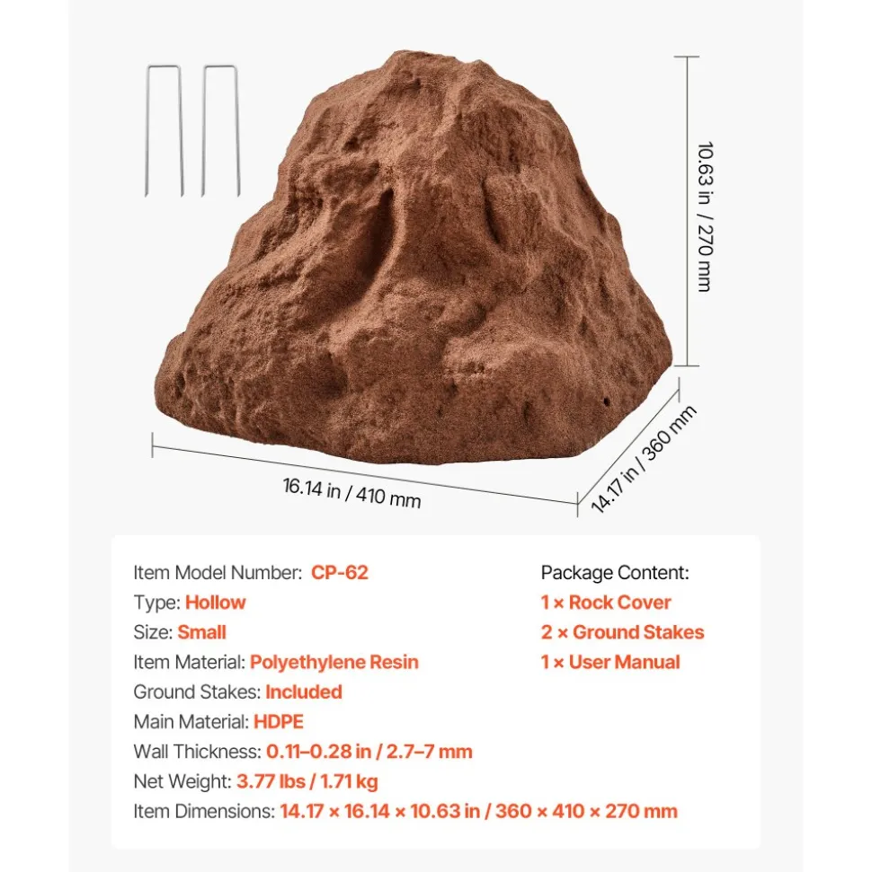 VEVOR Faux Rock Cover, Outdoor Fake Rock Well Pump Cover, Realistic Natural Texture, Lightweight & Weather-Resistant Polyresin Artificial Boulder for Landscaping Garden Yard Décor, Brown, Small Size
