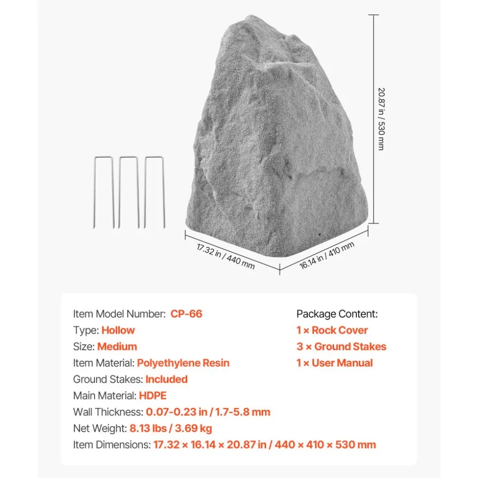VEVOR Faux Rock Cover, Outdoor Fake Landscape Rock Well Pump Cover, Realistic Appearance & Seamless Design, Lightweight & Weather-Resistant Artificial Boulder for Garden Yard Décor, Grey, Medium Size