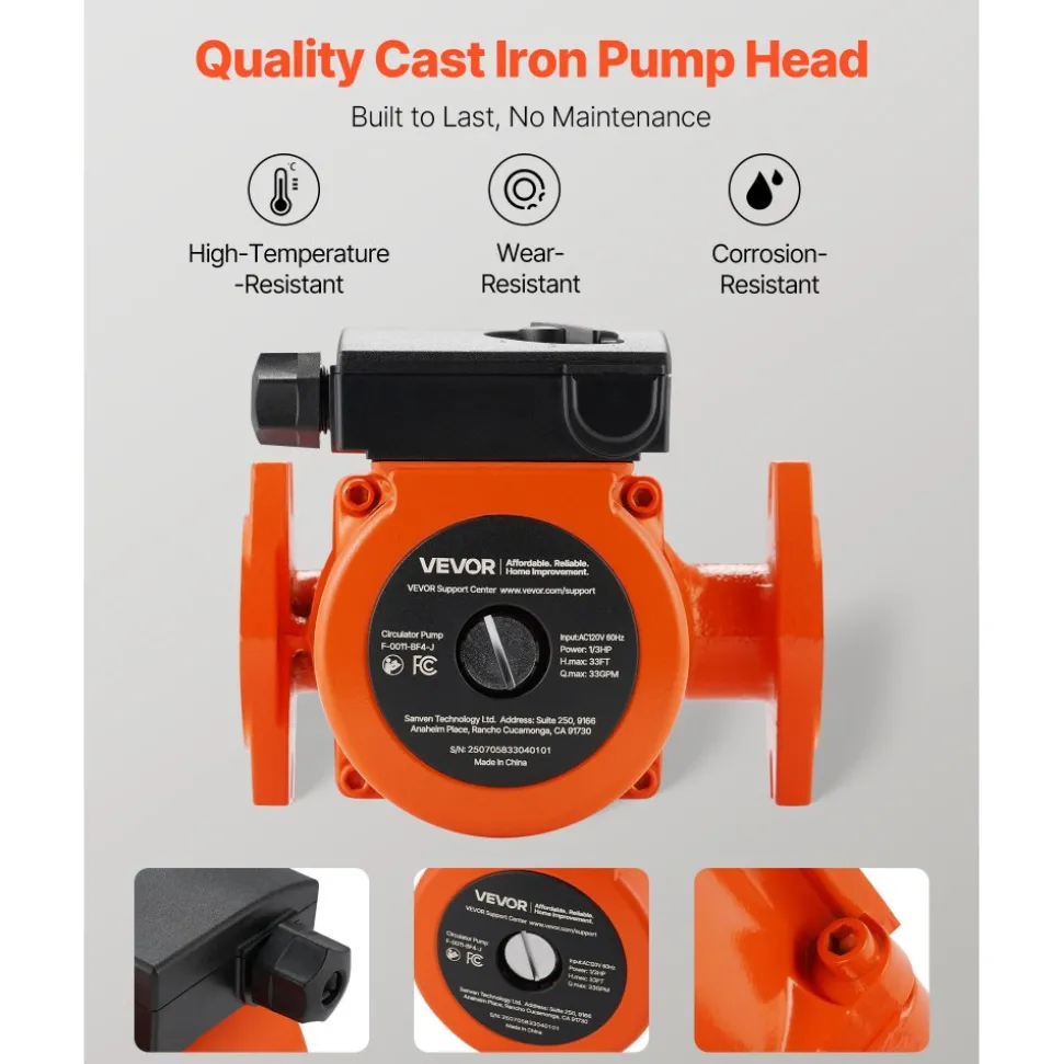 VEVOR F-0011-BF4-J Cast Iron Circulator Pump, 33 GPM, AC 120V 33 ft Hot Water Recirculating Circulation Pump, 1-1/4 in Flange Connection, 3-Speed Adjustment, Quiet Operation, for Home Heating System