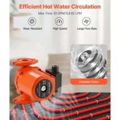 VEVOR F-0011-BF4-J Cast Iron Circulator Pump, 33 GPM, AC 120V 33 ft Hot Water Recirculating Circulation Pump, 1-1/4 in Flange Connection, 3-Speed Adjustment, Quiet Operation, for Home Heating System