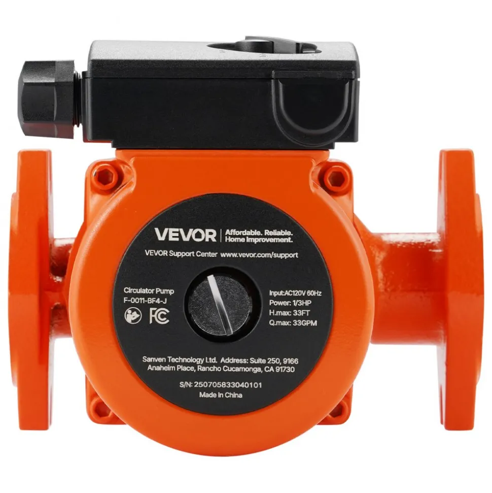 VEVOR F-0011-BF4-J Cast Iron Circulator Pump, 33 GPM, AC 120V 33 ft Hot Water Recirculating Circulation Pump, 1-1/4 in Flange Connection, 3-Speed Adjustment, Quiet Operation, for Home Heating System