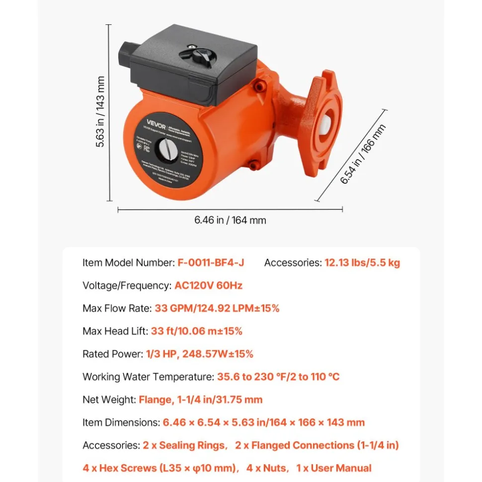 VEVOR F-0011-BF4-J Cast Iron Circulator Pump, 33 GPM, AC 120V 33 ft Hot Water Recirculating Circulation Pump, 1-1/4 in Flange Connection, 3-Speed Adjustment, Quiet Operation, for Home Heating System