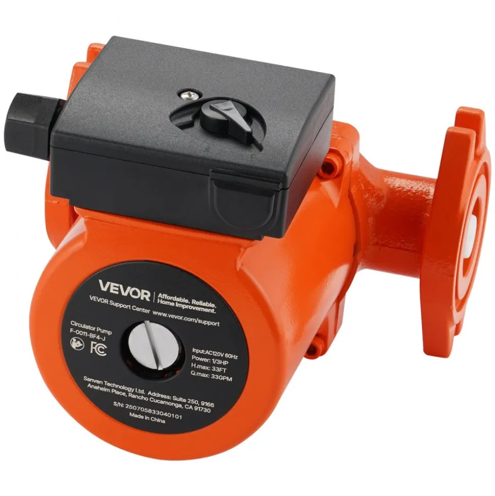 VEVOR F-0011-BF4-J Cast Iron Circulator Pump, 33 GPM, AC 120V 33 ft Hot Water Recirculating Circulation Pump, 1-1/4 in Flange Connection, 3-Speed Adjustment, Quiet Operation, for Home Heating System