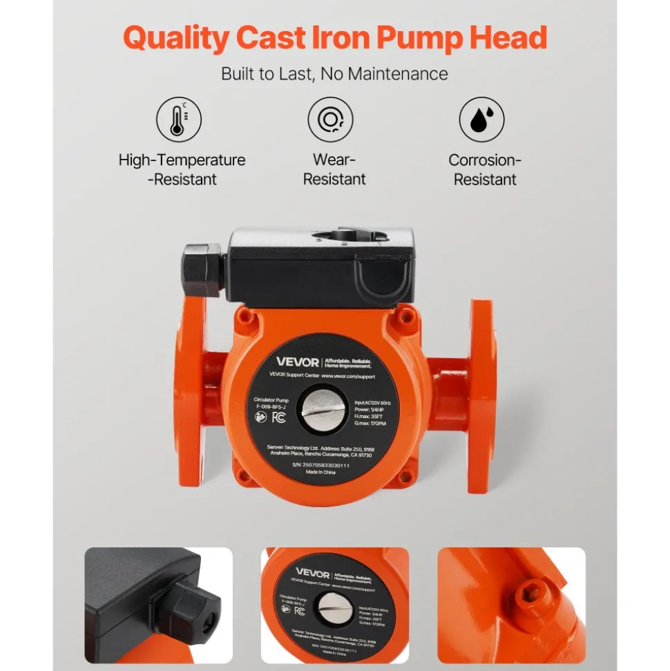 VEVOR F-009-BF5-J Cast Iron Circulator Pump, 17 GPM, AC 120V 35 ft Hot Water Recirculating Circulation Pump, 3/4-Inch Flange Connection, 3-Speed Adjustment, Quiet Operation, for Home Heating System