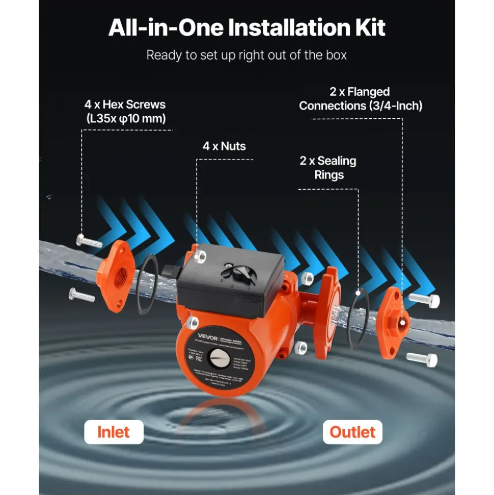 VEVOR F-009-BF5-J Cast Iron Circulator Pump, 17 GPM, AC 120V 35 ft Hot Water Recirculating Circulation Pump, 3/4-Inch Flange Connection, 3-Speed Adjustment, Quiet Operation, for Home Heating System