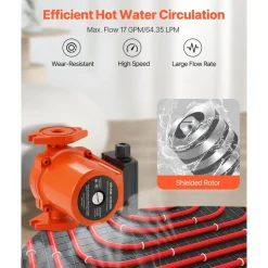 VEVOR F-009-BF5-J Cast Iron Circulator Pump, 17 GPM, AC 120V 35 ft Hot Water Recirculating Circulation Pump, 3/4-Inch Flange Connection, 3-Speed Adjustment, Quiet Operation, for Home Heating System