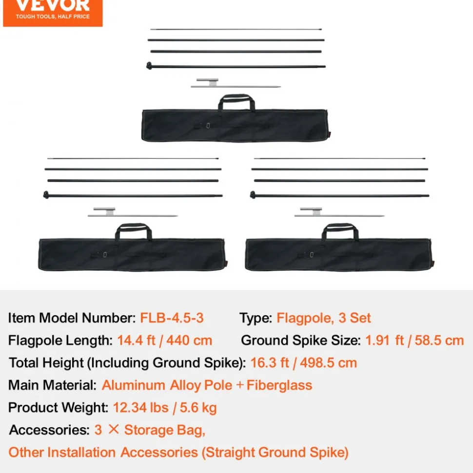 VEVOR Feather Flag Pole Kit, 3 Packs Swooper Flag Pole 16.3 ft, Sign Flag Poles for Business Advertising Flags Outdoor, with Ground Stakes and A Carrying Bag (Flag Not Included)