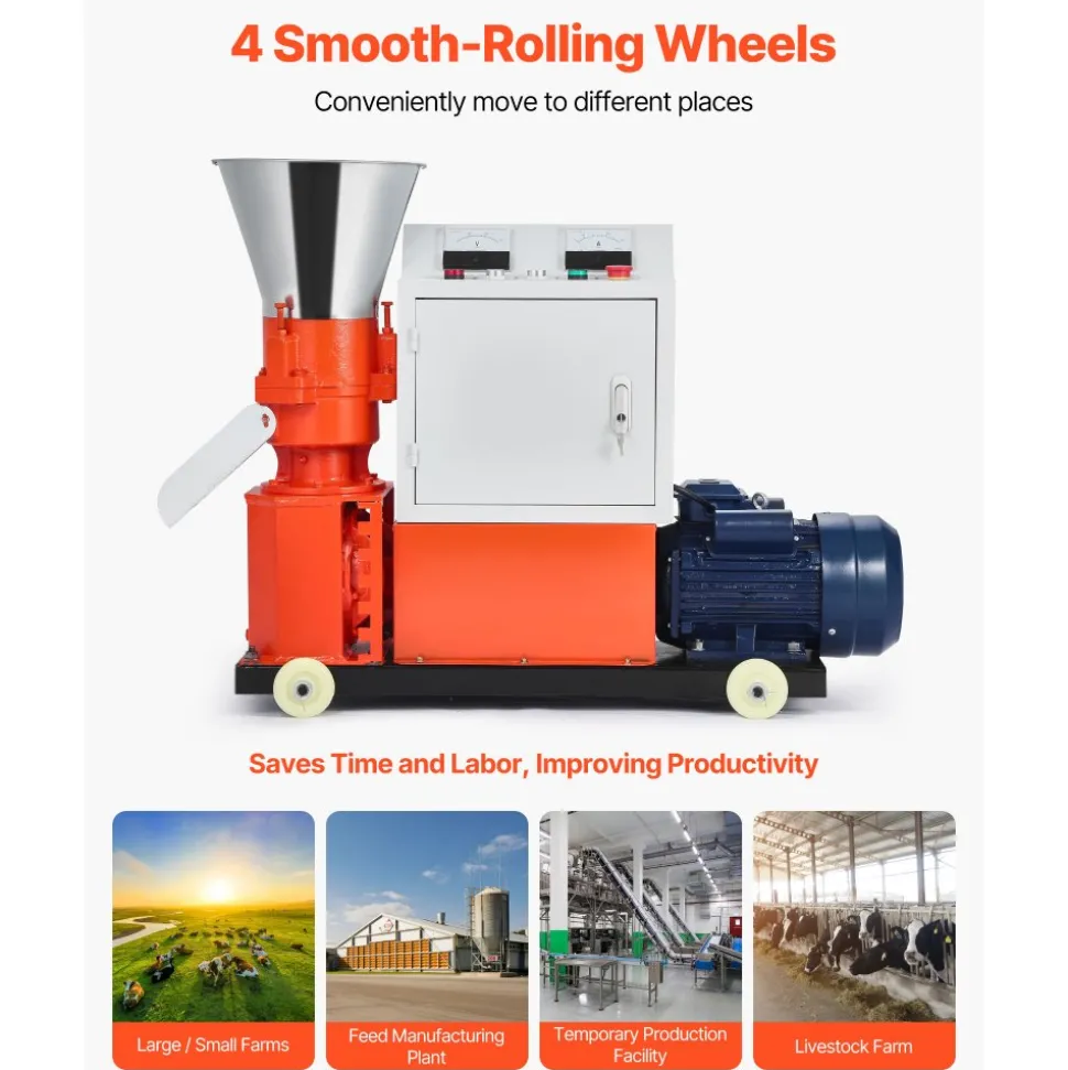 VEVOR Feed Pellet Mill Machine, 4 mm Animal Feed Pellet Making Machine, 3KW 240V Animal Food Granulator Mill Machines with 3 Pressure Rollers & 4 Wheels, Ideal for Poultry, Livestock, Farm Animals