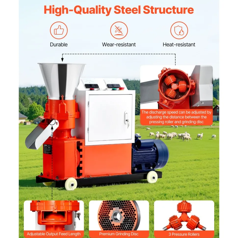 VEVOR Feed Pellet Mill Machine, 4 mm Animal Feed Pellet Making Machine, 3KW 240V Animal Food Granulator Mill Machines with 3 Pressure Rollers & 4 Wheels, Ideal for Poultry, Livestock, Farm Animals