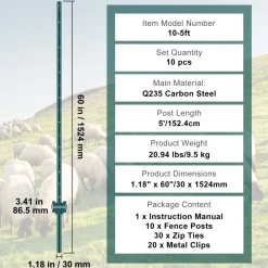 VEVOR 5 Feet Fence Post, 10 Pack U-Channel Heavy Duty Metal Fence Posts, Sturdy Steel Fence Stakes for Garden Yard, Lawn, Farms and Outdoor Wire Fencing, Green