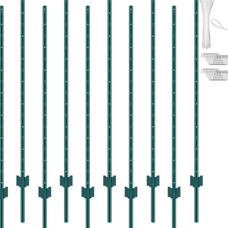 VEVOR 5 Feet Fence Post, 10 Pack U-Channel Heavy Duty Metal Fence Posts, Sturdy Steel Fence Stakes for Garden Yard, Lawn, Farms and Outdoor Wire Fencing, Green