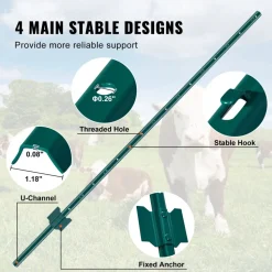 VEVOR 5 Feet Fence Post, 10 Pack U-Channel Heavy Duty Metal Fence Posts, Sturdy Steel Fence Stakes for Garden Yard, Lawn, Farms and Outdoor Wire Fencing, Green