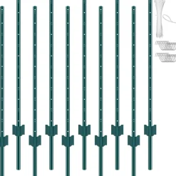 VEVOR 4 Feet Fence Post, 10 Pack U-Channel Heavy Duty Metal Fence Posts, Sturdy Steel Fence Stakes for Garden Yard, Lawn, Farms and Outdoor Wire Fencing, Green