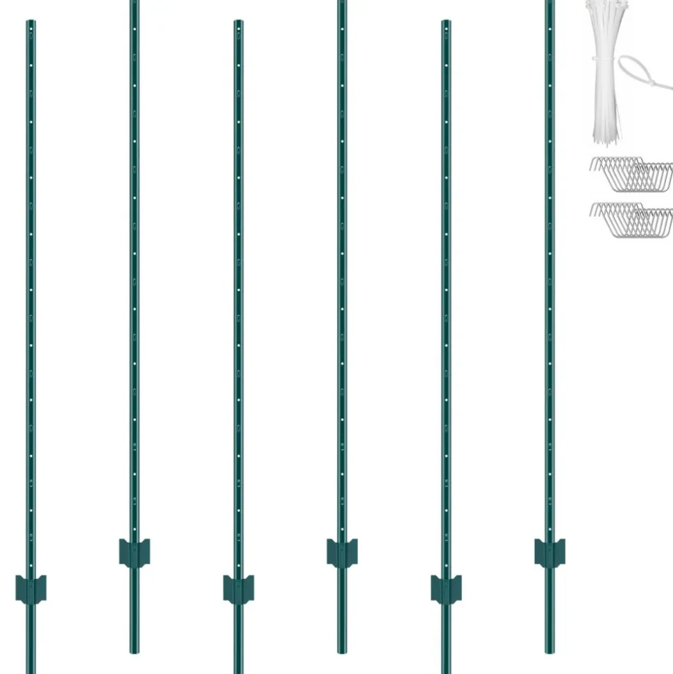 VEVOR 6 Feet Fence Post, 6 Pack U-Channel Heavy Duty Metal Fence Posts, Sturdy Steel Fence Stakes for Garden Yard, Lawn, Farms and Outdoor Wire Fencing, Green