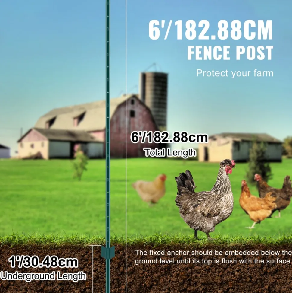 VEVOR 6 Feet Fence Post, 6 Pack U-Channel Heavy Duty Metal Fence Posts, Sturdy Steel Fence Stakes for Garden Yard, Lawn, Farms and Outdoor Wire Fencing, Green