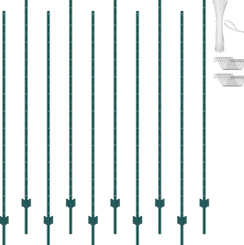 VEVOR 7 Feet Fence Post, 10 Pack U-Channel Heavy Duty Metal Fence Posts, Sturdy Steel Fence Stakes for Garden Yard, Lawn, Farms and Outdoor Wire Fencing, Green