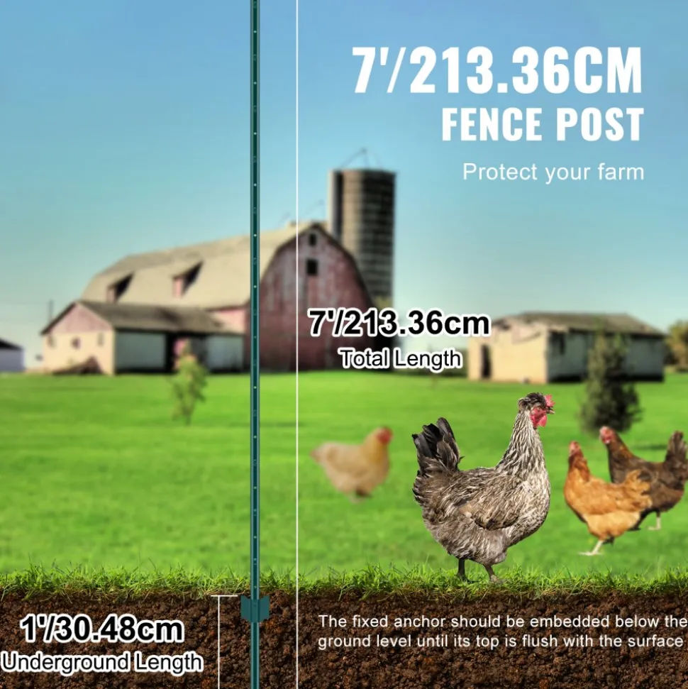 VEVOR 7 Feet Fence Post, 10 Pack U-Channel Heavy Duty Metal Fence Posts, Sturdy Steel Fence Stakes for Garden Yard, Lawn, Farms and Outdoor Wire Fencing, Green