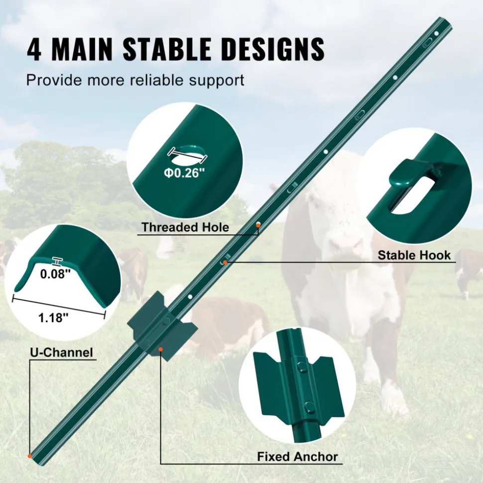 VEVOR 3 Feet Fence Post, 10 Pack U-Channel Heavy Duty Metal Fence Posts, Sturdy Steel Fence Stakes for Garden Yard, Lawn, Farms and Outdoor Wire Fencing, Green