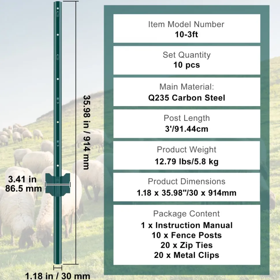 VEVOR 3 Feet Fence Post, 10 Pack U-Channel Heavy Duty Metal Fence Posts, Sturdy Steel Fence Stakes for Garden Yard, Lawn, Farms and Outdoor Wire Fencing, Green