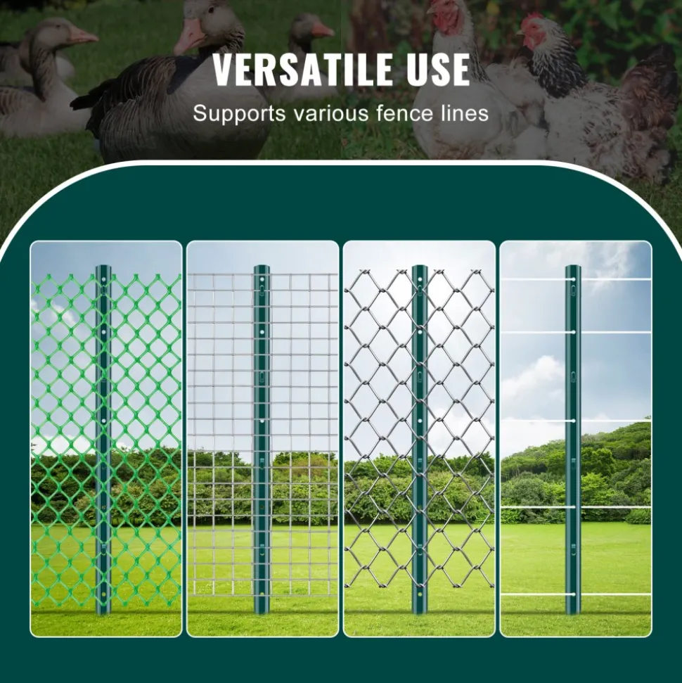 VEVOR 3 Feet Fence Post, 10 Pack U-Channel Heavy Duty Metal Fence Posts, Sturdy Steel Fence Stakes for Garden Yard, Lawn, Farms and Outdoor Wire Fencing, Green