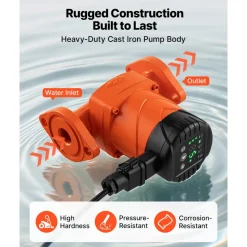 VEVOR F-E007-1F1 High Efficiency Circulator Pump, 16 GPM, 120V 20 ft Cast Iron Hot Water Recirculating Circulation Pump, 1 in Flange Connection, Check Valve, Quiet Operation, for Home Heating System