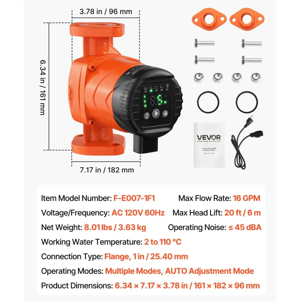 VEVOR F-E007-1F1 High Efficiency Circulator Pump, 16 GPM, 120V 20 ft Cast Iron Hot Water Recirculating Circulation Pump, 1 in Flange Connection, Check Valve, Quiet Operation, for Home Heating System