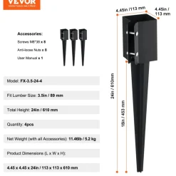VEVOR Fence Post Anchor Ground Spike, 4 Pack 24 x 4 x 4 Inches Outer Diameter (Inner Diameter 3.5 x3.5 Inches), Metal Black Powder Coated Post Stake Ground, for Mailbox Deck Garden Railing