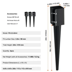 VEVOR Fence Post Anchor Ground Spike, 4 Pack 24 x 4 x 4 Inches Outer Diameter (Inner Diameter 3.5 x3.5 Inches), Metal Black Powder Coated Post Stake Ground, for Mailbox Deck Garden Railing