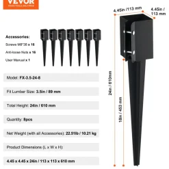 VEVOR Fence Post Anchor Ground Spike, 4 Pack 36 x 4 x 4 Inches Outer Diameter (Inner Diameter 3.5 x3.5 Inches), Metal Black Powder Coated Post Stake Ground, for Mailbox Deck Garden Railing