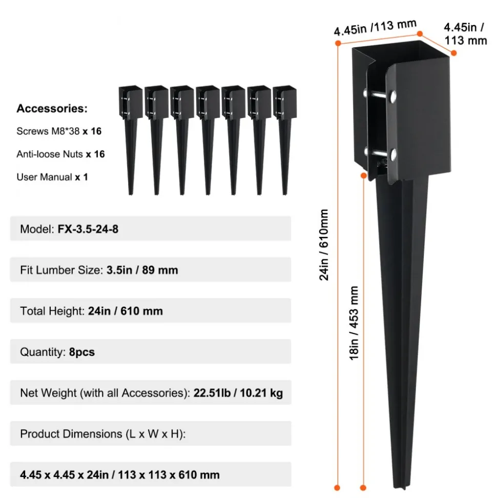 VEVOR Fence Post Anchor Ground Spike, 8 Pack 24 x 4 x 4 Inches Outer Diameter (Inner Diameter 3.5 x3.5 Inches), Metal Black Powder Coated Post Stake Ground, for Mailbox Deck Garden Railing